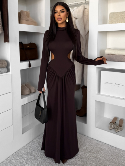 Tmavo hnedé dlhé spoločenské šaty EVANIE s prestrihmi