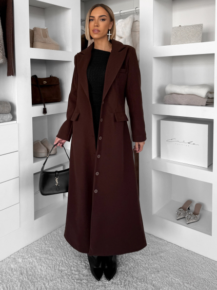 Tmavo hnedý vypasovaný dlhý elegantný kabát SAVOIA