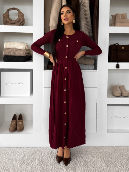 Vínové dlouhé svetrové šaty TYMORAE s dlouhým rukávem (Veľkosť M/L)
