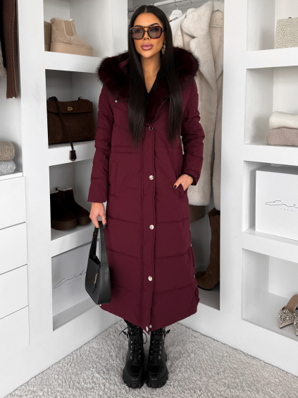 Vínový dlouhý zimní kabát bunda LUMIYA (Veľkosť L)