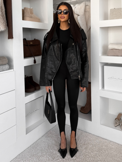 Černá koženková oversize krátká bunda DRAVINO (Veľkosť ONESIZE)