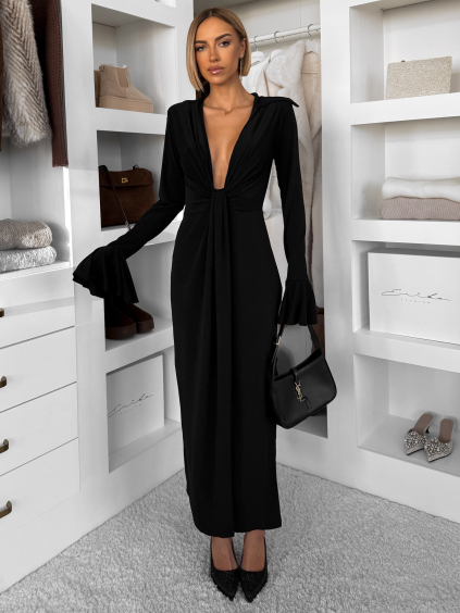 Čierne dlhé šaty OSTIVEN s hlbovým výstrihom