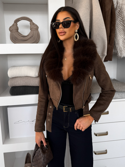 Hnedá semišová biker bunda LORXINA s kožušinkou