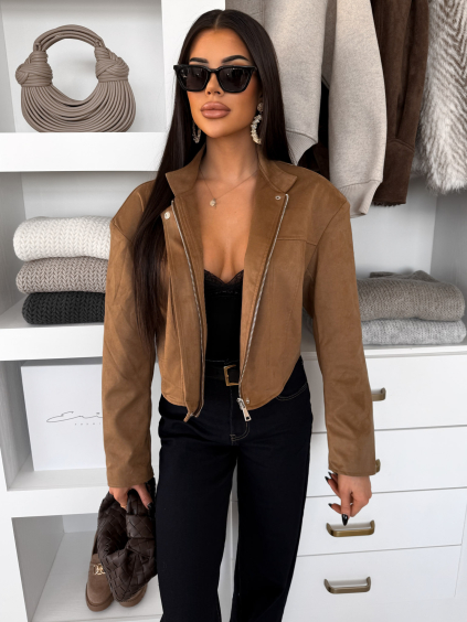 Hnědá semišová krátká bunda YOBARI (Veľkosť ONESIZE)