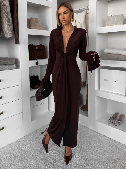 Hnedé dlhé šaty OSTIVEN s hlbovým výstrihom