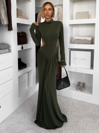 137742 khaki spolecenske dlouhe saty evanie s prustrihy