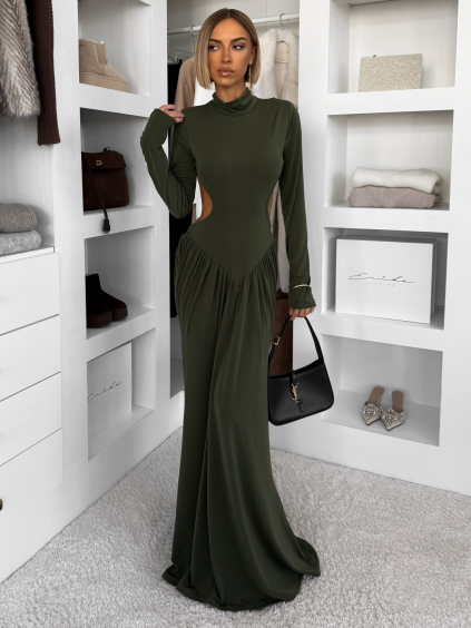 Khaki společenské dlouhé šaty EVANIE s průstřihy (Veľkosť ONESIZE)