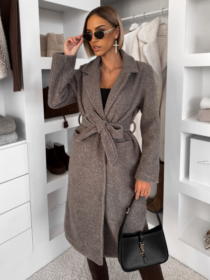 Šedý dlouhý elegantní kabát CAMNIRA s páskem (Veľkosť ONESIZE)