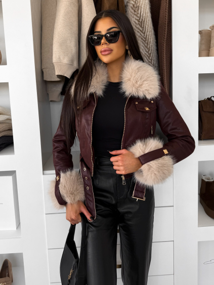 Vínová krátka biker bunda EMBRILA s kožušinkou