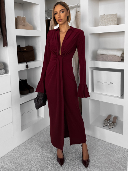 Vínové dlhé spoločenské šaty OSTIVEN s výstrihom