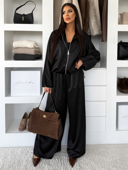 Čierny saténový štýlový nohavicový komplet TRENIVA