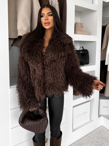 Tmavo hnedý kožušinový vlnitý faux fur kabátik FURLA