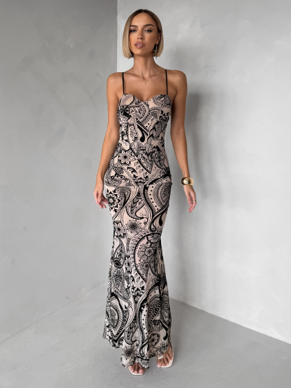 Béžové dlhé spoločenské šaty AVENZIA na ramienka