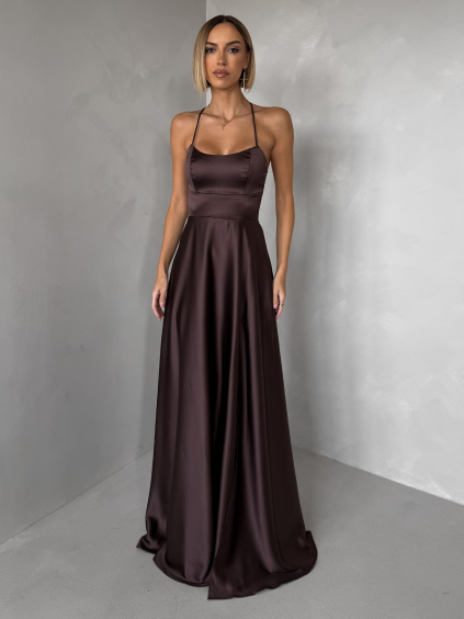 Hnedé dlhé plesové spoločenské šaty CELLINES so šnurovaním a rázporkom