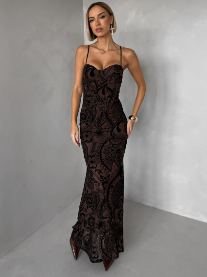 Hnedé dlhé spoločenské šaty AVENZIA na ramienka