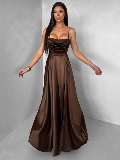 Hnědé saténové dlouhé společenské šaty LUNOREX (Veľkosť ONESIZE)