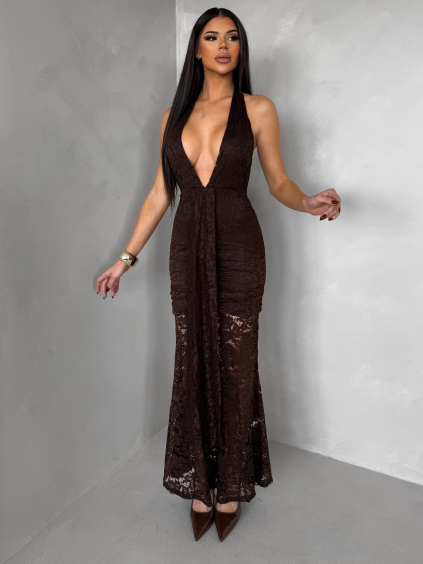 Hnědé společenské dlouhé krajkové vázací šaty ZERULON (Veľkosť ONESIZE)