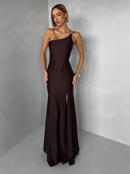 Hnedé spoločenské dlhé šaty GAREVIA s rázporkom