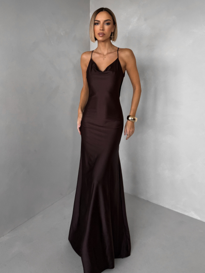 Hnědé společenské jednoduché dlouhé šaty CARMIYA (Veľkosť ONESIZE)