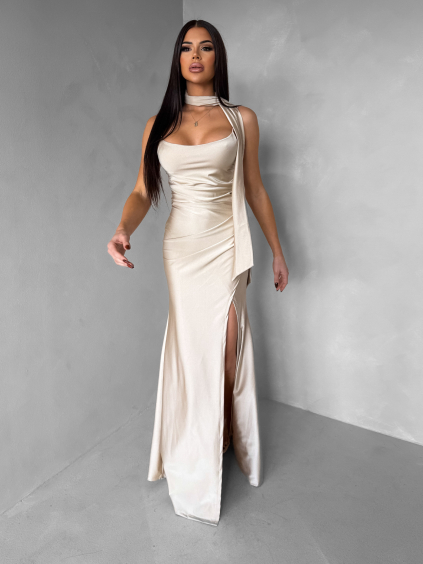 Krémové společenské dlouhé šaty BELUNA (Veľkosť ONESIZE)