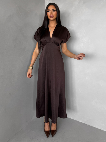 Tmavě hnědé elegantní společenské midi šaty OMNIS (Veľkosť ONESIZE)