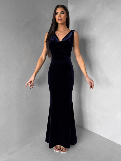Tmavě modré sametové dlouhé společenské šaty DURAYA (Veľkosť ONESIZE)