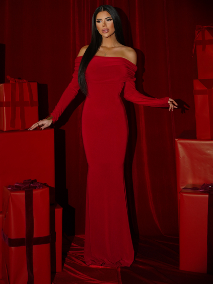 Červené dlhé spoločenské šaty SYTRENO so spadnutými ramenami