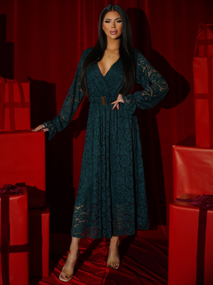 Smaragdové krajkové společenské midi šaty LIRONDE (Veľkosť ONESIZE)