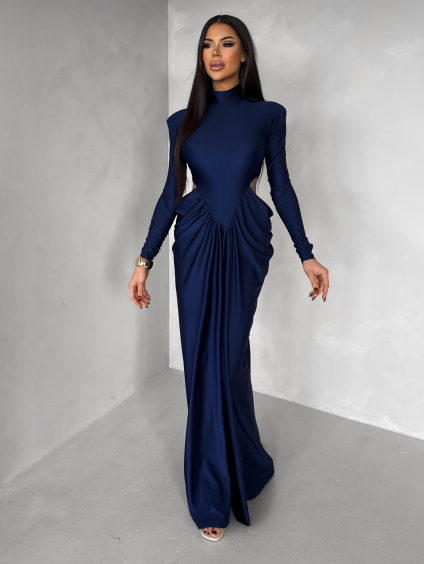 Tmavomodré spoločenské tvarujúce šaty ROTORO s prestrihmi
