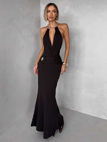 Hnědé elegantní společenské šaty ARKENY s ozdobou (Veľkosť M/L)