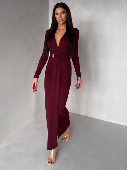 Bordové spoločenské dlhé šaty FAYLORI s hlbokým výstrihom