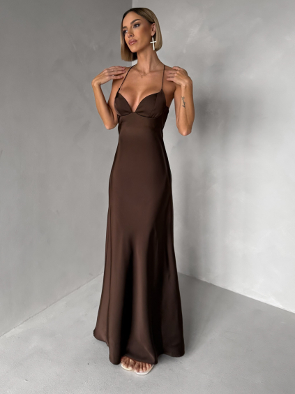 Tmavo hnedé spoločenské saténové dlhé šaty ZUNDARA