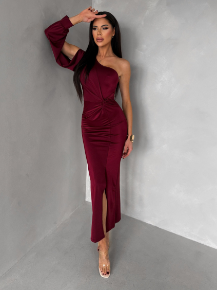 Vínové společenské šaty DUFOUR na jedno rameno (Veľkosť ONESIZE)
