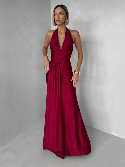 Bordó saténové dlouhé společenské šaty CELESTIA s vlečkou (Veľkosť ONESIZE)