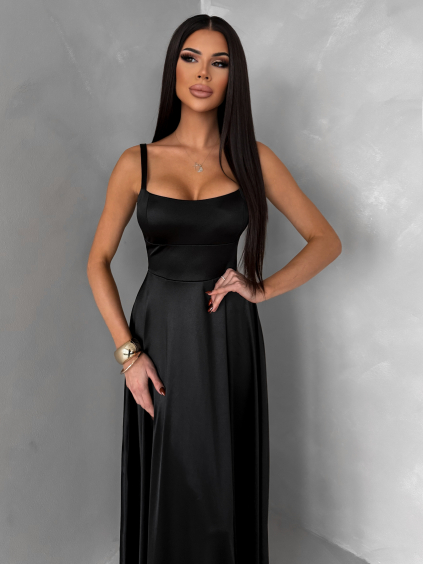 Čierne dlhé saténové spoločenské šaty HELSIN na ramienka