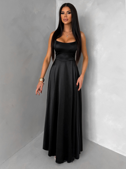 Čierne dlhé saténové spoločenské šaty HELSIN na ramienka