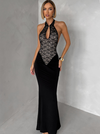 Černé elegantní krajkové dlouhé šaty VELISSA (Veľkosť ONESIZE)