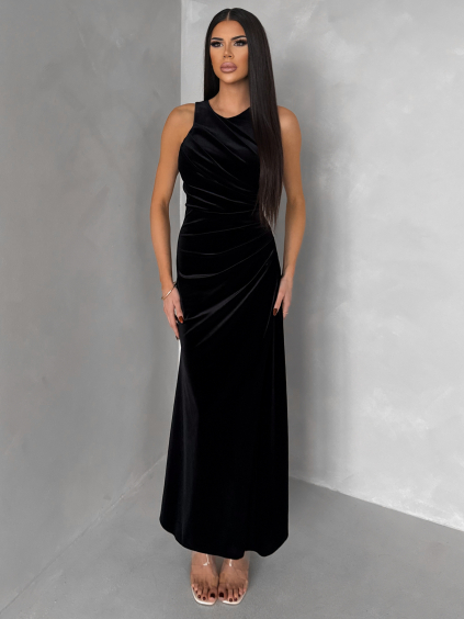 Černé elegantní sametové společenské šaty SOVENTY s rozparkem (Veľkosť ONESIZE)