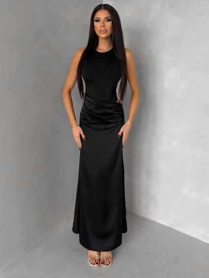 Čierne elegantné saténové šaty VEĽMORO s bodmi