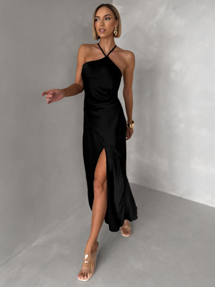 Černé saténové společenské šaty ELIRON s rozparkem (Veľkosť ONESIZE)