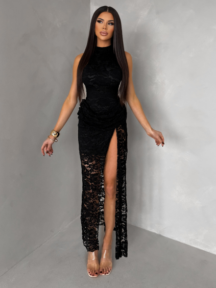 Čierne spoločenské dlhé krajkové šaty PURELY s vlečkou