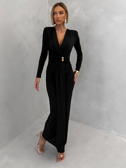 Čierne spoločenské dlhé šaty FAYLORI s výstrihom