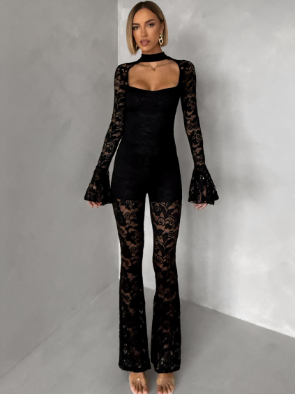 Čierny krajkový spoločenský dlhý overal ZYRELLA