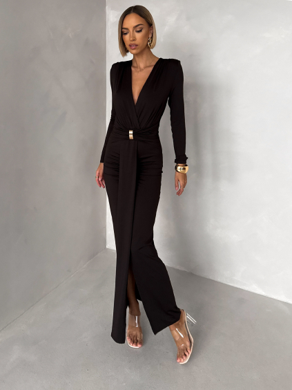 Hnedé spoločenské dlhé šaty FAYLORI s výstrihom