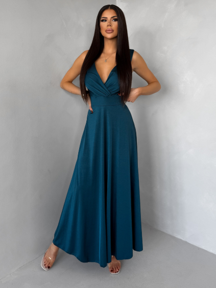 Petrolejové saténové jednoduché společenské šaty EZMIRA (Veľkosť ONESIZE)