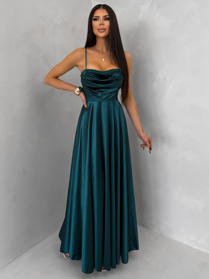 Smaragdové saténové dlhé spoločenské šaty LUNOREX