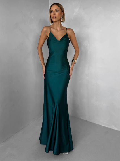 Smaragdové společenské saténové dlouhé šaty CARMIYA (Veľkosť ONESIZE)