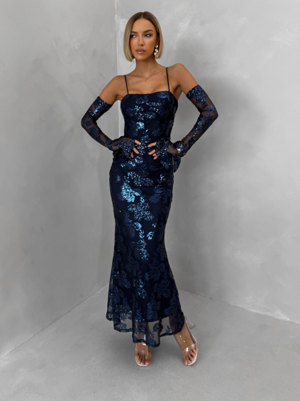 Tmavomodré elegantné trblietavé šaty LARKINO s rukávmi