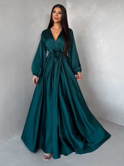 Tmavě petrolejové dlouhé saténové šaty WOMAN s páskem (Veľkosť ONESIZE)