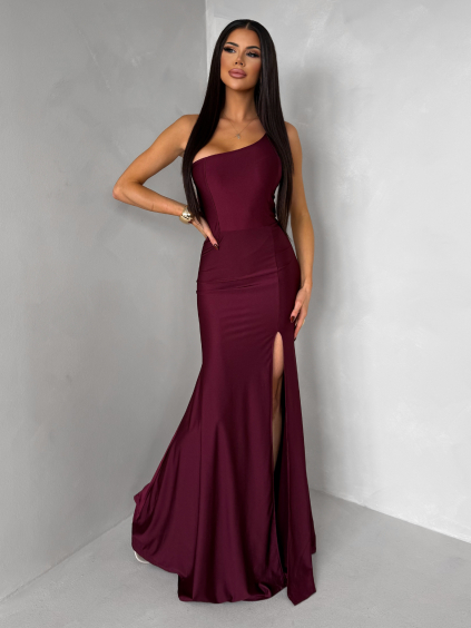 Vínové spoločenské dlhé šaty GAREVIA s rázporkom